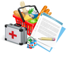 First aid kit and basket with groceries